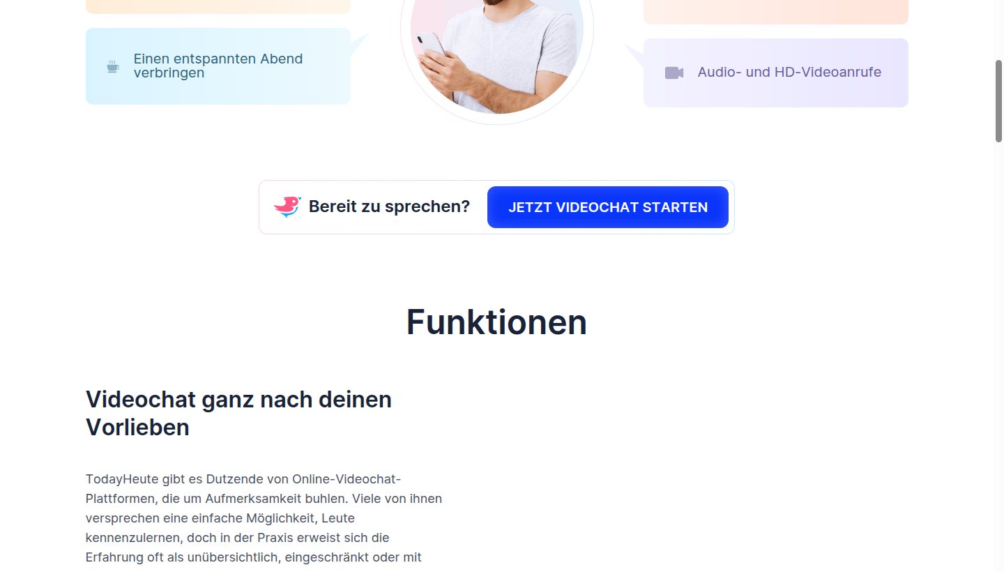 Startleiste der deutschen Startseite mit Bereit zu sprechen und dem Button Jetzt Videochat starten