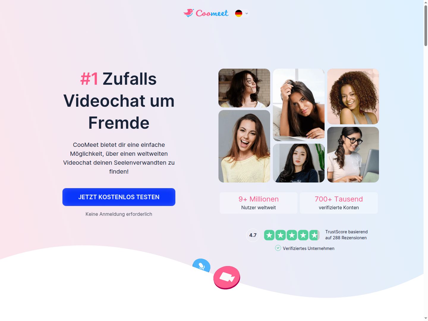 Deutsche Startseite von CooMeet mit Überschrift Zufalls Videochat, Button Jetzt kostenlos testen und Mosaik aus sechs Profilen