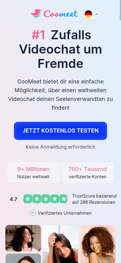 Startseite von CooMeet auf einem Telefon mit dem Button Jetzt kostenlos testen und den beiden Zählern
